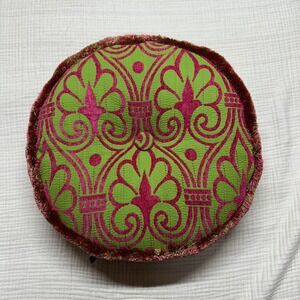 Borgata Round Accent Pillow Lime Green Pink Geometric Medallion Tufted Fringe